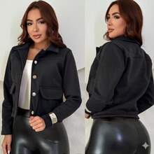 Women's Structured Jacket With Buttons, Faux Pockets, Wool Fabric, Winter Fashion, Parties, Saint John's Day, Office - 黑色 - 查看 1