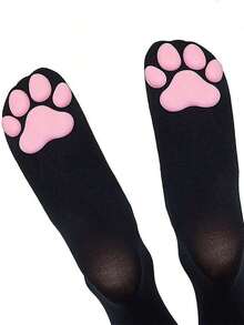 Women 3D Paw Detail Cute Over Knee Socks Daily Life, Cozy - 黑色 - 查看 2