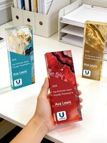 1pc Customized Logo & Text Marble Acrylic Trophy - 10 Personalized Business Award Medals, Customized Name & Company Acrylic Decor, Fluid Art Theme Trophy, Ideal Gift For Employee Recognition, Company Milestone And Business Events, Top Performer, Team And Corporate Client - Multicolor - View 7