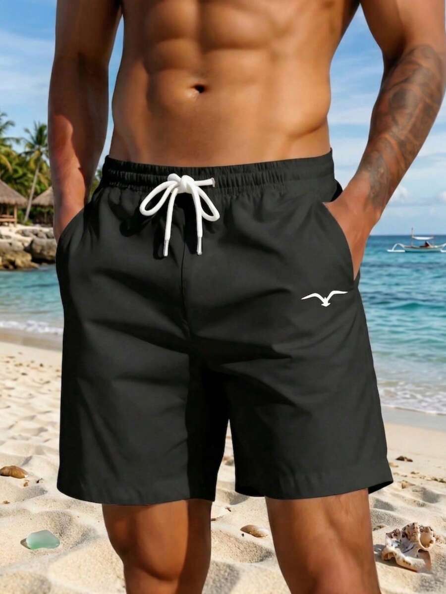 Pantalones cortos casuales informales de talla grande para hombres con estampado digital 3D de gaviota, relajados, con cordón para uso diario, vacaciones, hawaianos, de capa única sin forro - Negro - Ver 1