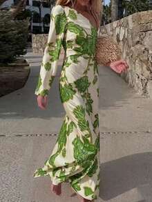 Printed One-Shoulder Dress, Fitted Waist Mermaid Hem, Vacation Style Elegant Slimming Dress For Women Spring - Green - View 1
