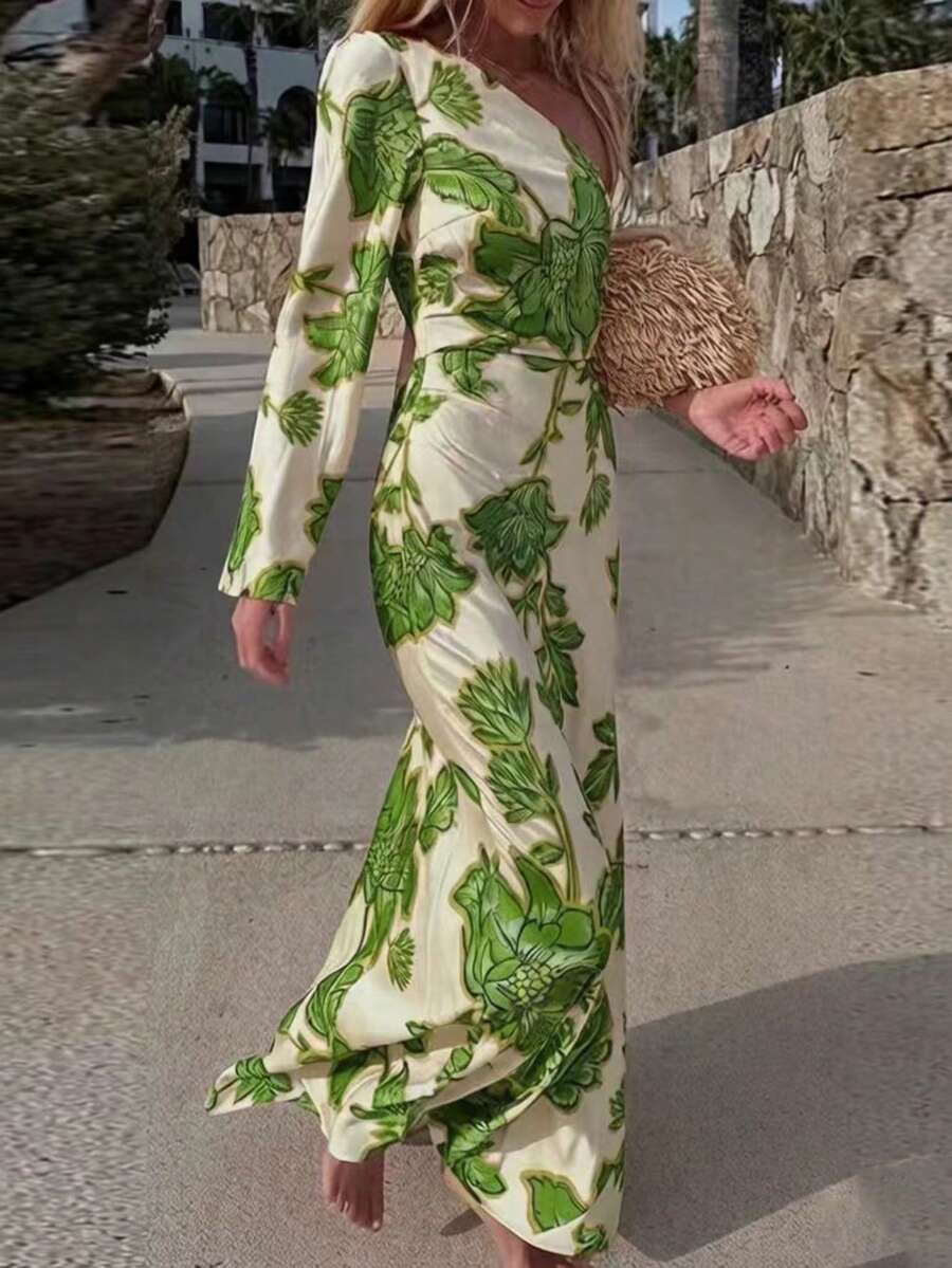 Printed One-Shoulder Dress, Fitted Waist Mermaid Hem, Vacation Style Elegant Slimming Dress For Women Spring - Green - View 1