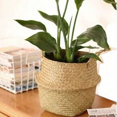 1pc Nordic Style Woven Storage Basket, Large Planter, Foldable Rattan Basket With Handle