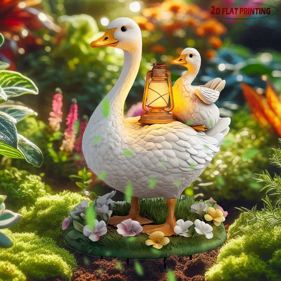 Cute Duck Family Garden Stake | Whimsical White Metal Summer Yard Art For Dad, Fairy Garden Decor That Makes Neighbors Smile, Weatherproof No-Electricity Outdoor Gift For Father's Day Graduation, Ready To Ship - Mother Duck and Duckling Garden Post - View 1