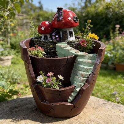 1 chậu trồng cây mọng nước hình nấm sáng tạo, chậu cây tiểu cảnh kiểu cầu thang bằng nhựa, vật trang trí sân vườn cho ban công, sân trong, cây xanh để bàn, chậu cây cảnh kiểu cổ tích.