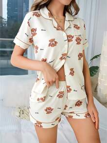 女士短袖上衣和短裤两件套睡衣套装，休闲宽松版型，小熊印花，适合居家和户外穿着，春夏款 - 彩色 - 查看 6