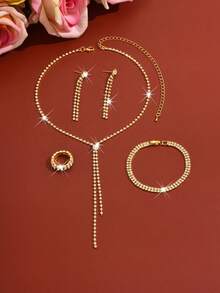 欧美风极简爪链项链、耳环、手链、戒指首饰套装，新娘婚礼派对礼服配饰 - 彩色 - 查看 6