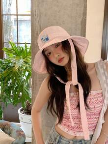 1 chiếc mũ tai bèo vành gập mới mùa xuân/hè, mũ tai bèo vành rộng buộc dây đa năng dành cho nữ, thích hợp cho kỳ nghỉ. - A - Xem 3