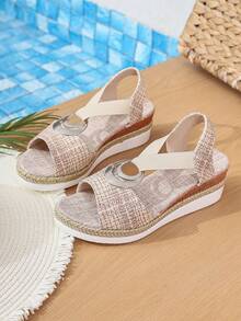 2026 Nuevas sandalias de mujer de talla grande para primavera/otoño, zapatos de pescador trenzados con cuerda, sandalias de plataforma con cuña, correa con hebilla, punta cerrada, hueco y de slip-on - Beis - Ver 6