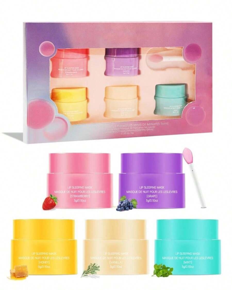 Lip Sleeping Mask Set-5 Pcs Lip Balm Hydrating Lip Mask Overnight Lip Treatment Care For Dry Cracked Lips,Day &Amp;Night Moisturize &Amp;Nourish Korean Lip Gloss Women To Improve Lip Color With Shea Butter - ColorA - View 1