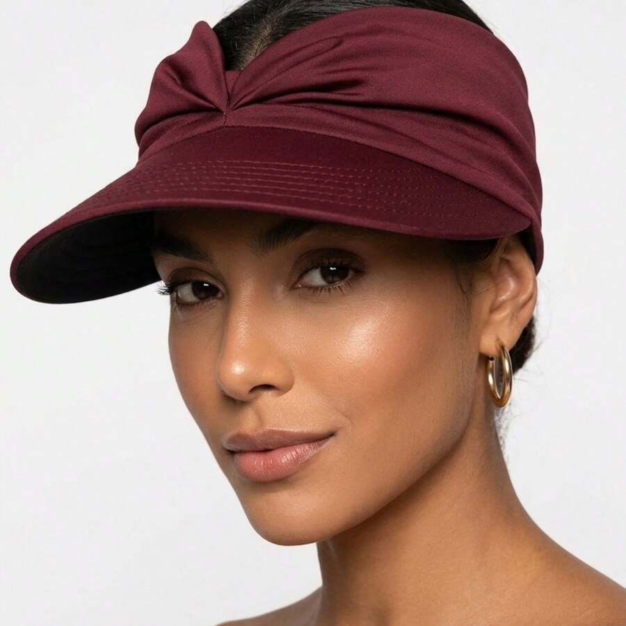 Women's Wide Brim Turban Visor With UV50+ Protection, Beach, Pool, Foldable, Adjustable, Summer - Vino - Ver 1