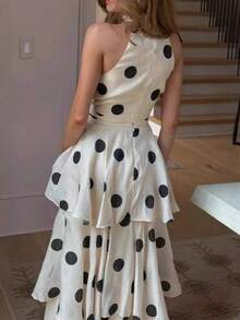 Elegant Polka Dot Print Multi-Layered Ruffle Hem Skirt Spring - Black and White - View 7