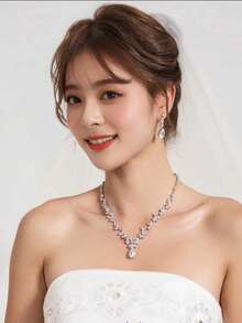 Bộ trang sức cưới đính đá Cubic Zirconia hình giọt nước thủ công hoàn toàn, gồm dây chuyền mặt lá và bông tai, phụ kiện thời trang dự tiệc. - Bạc - Xem 4