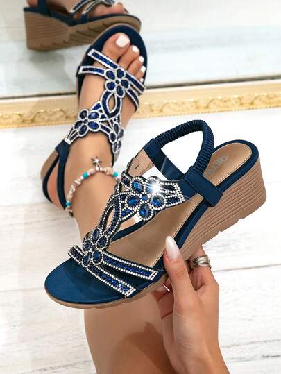 Giày sandal đế dày đế xuồng mới cho nữ - Giày La Mã phong cách Bohemian dây thun pha lê cổ điển - Thích hợp cho du lịch nghỉ dưỡng