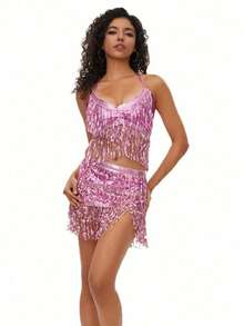 一套亮片流苏连衣裙套装，女士两件套，露脐上衣吊带衫包包提臀迷你裙闪亮流苏套装，万圣节主题 - 彩色 - 查看 11