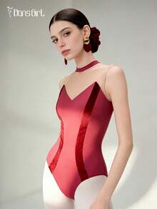 DonsGirl 1 pièce Justaucorps de ballet pour femme, tenue de danse - Maille élastique matelassée, col montant élégant, taille en velours, combinaison (avec soutien-gorge matelassé intégré) - Rouge foncé - Voir 2