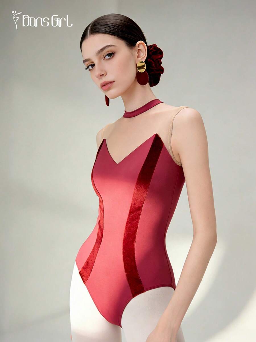 DonsGirl 1 pièce Justaucorps de ballet pour femme, tenue de danse - Maille élastique matelassée, col montant élégant, taille en velours, combinaison (avec soutien-gorge matelassé intégré)