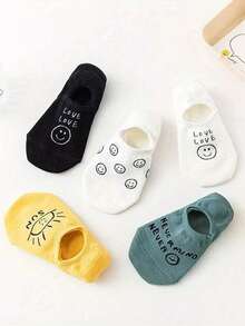 1/3/5 Pairs Cute Smiling Face Print No Show Socks For Women, Letter Pattern Invisible Boat Socks, Casual Daily Socks,Smiling Face Socks, No Show Socks, Invisible Socks, Boat Socks, Women Socks, Cute Socks, Letter Print Socks, Casual Socks - Multicolor - View 3