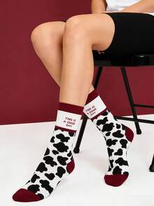 1双男女通用红色奶牛纹短袜，可爱中筒袜，四季皆宜 - 紅色 - 查看 4