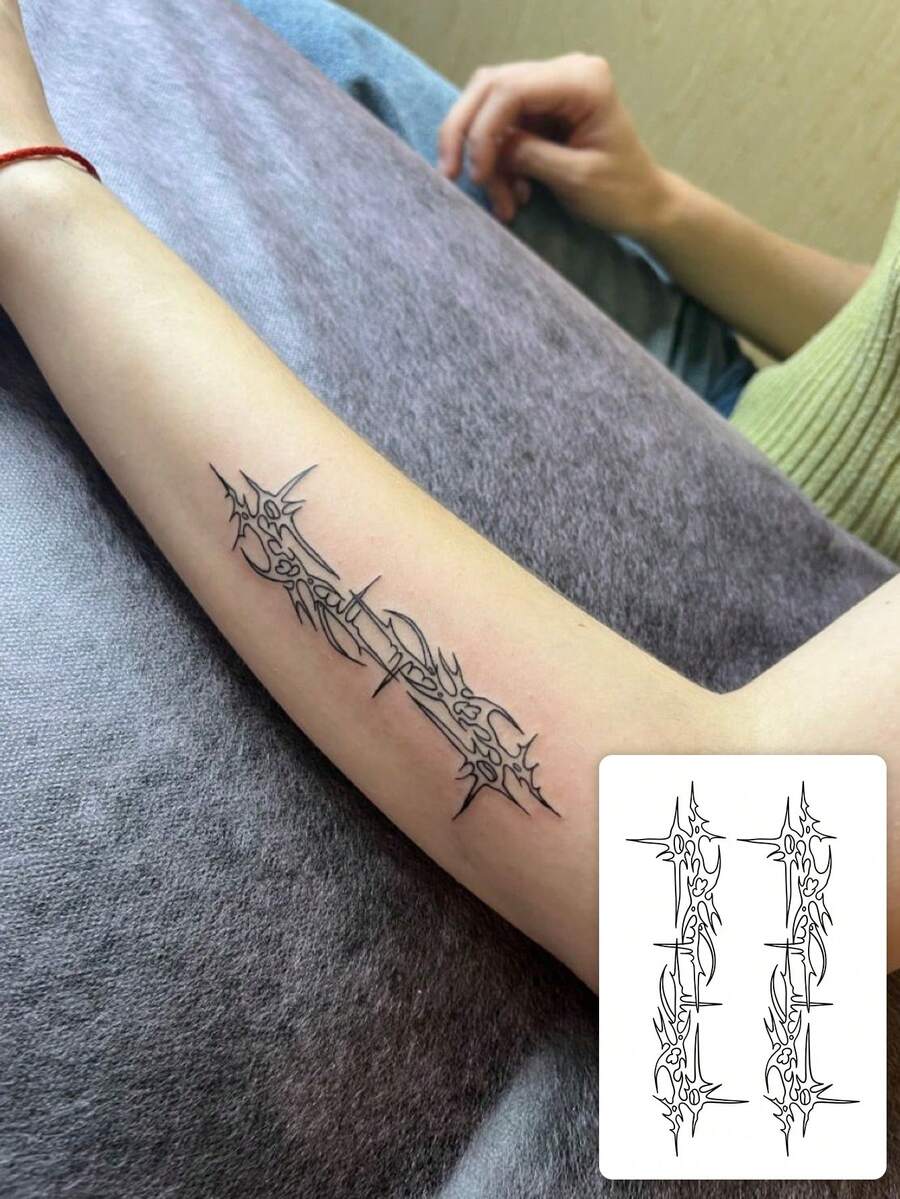 1pc Temporary Tattoo Sticker 7-14 Days Herbal Long-Lasting Tattoo Sticker, Gothic Style Hand Abstract Mysterious Pattern Line Rune Tattoo Sticker Personalized Cool Herbal Tattoo Sticker, Washable Temporary Tattoo Sticker PVC Personalized Fashion Tattoo Sticker Suitable For People - Black - View 1