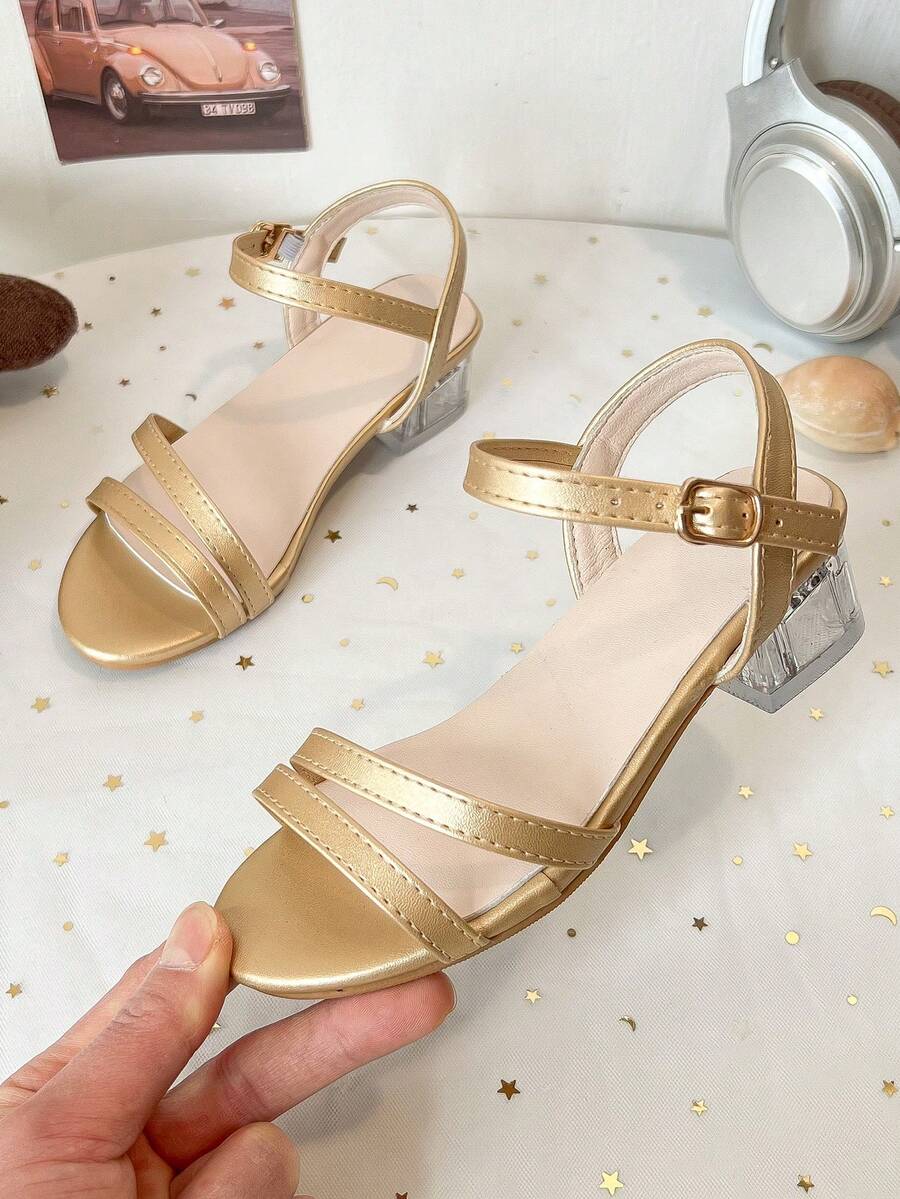Giày sandal quai mảnh màu vàng ánh kim cho bé gái | Quai ngang điều chỉnh được và gót vuông | Giày dạ hội tối giản - Vàng - Xem 1