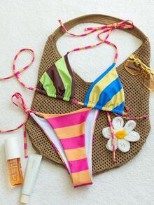 Onefish Colorblock Stripe Triangle Halter Neck Adjustable Tie Removable Padding Bikini Top Paired With Matching Tie Side Bikini Bottom Two Pieces Bikini Set Vacation Beach - Pink - View 3