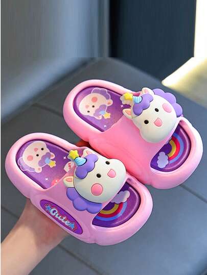 1 Pair Girls' Cartoon Unicorn Indoor Slippers, Cute Summer Home Slippers For Toddlers & Kids
