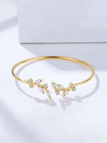 Light Retro Light Luxury Cubic Zirconia Leaf Decor Cuff Bangle For Women Fashion Vintage Statement Bracelet Party Daily Wear Jewelry Gift 6WFC - 黃金 - 查看 3