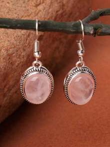 1 Pair Vintage Oval Rose Quartz Versatile Holiday Style Earrings, Multiple Colors Available (Natural Stone Texture May Vary) - 粉色 - 查看 3