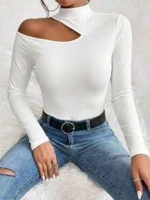 Women's Long-Sleeved T-Shirt Blouse In Suplex Fabric With A High Neck And Asymmetrical Cut, Ideal For Dates And Casual Wear - 白色 - 查看 11