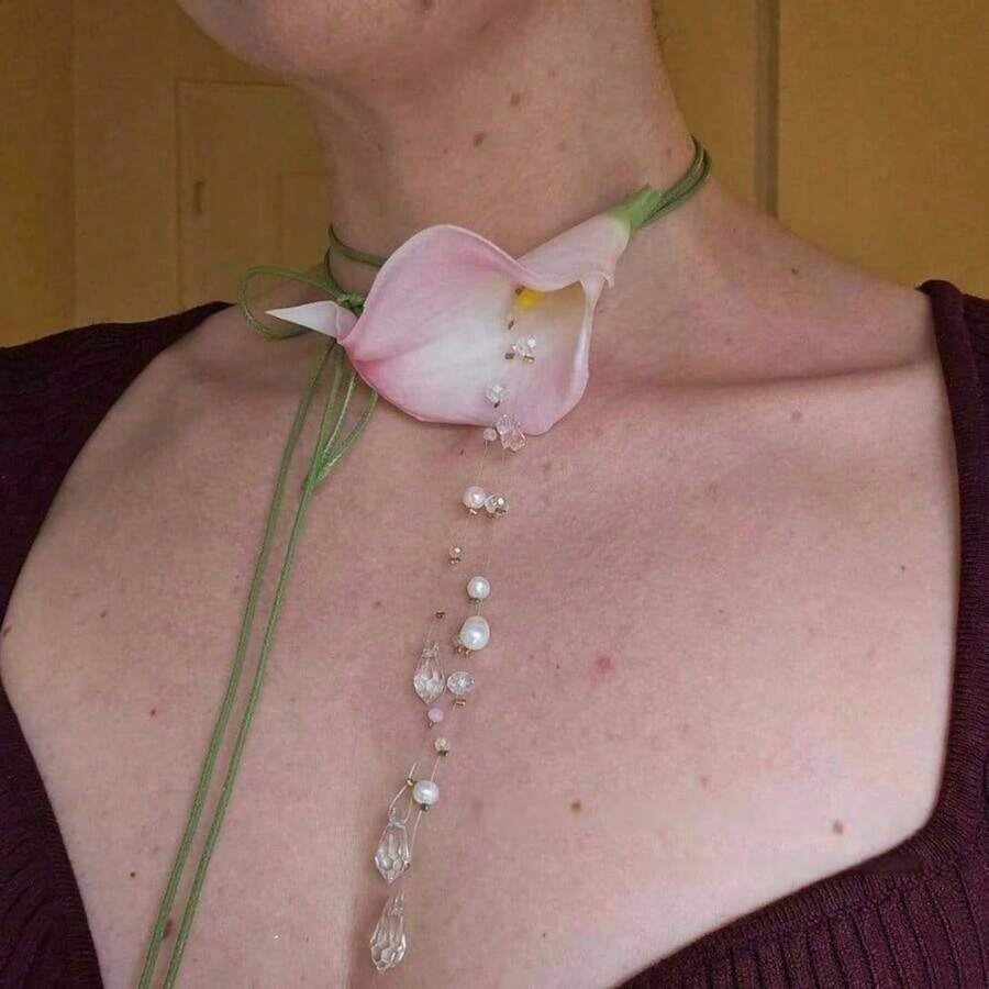 1PC Hoof Lotus Flower Petal Necklace For Women - Neck Chain With Crystal Pearl Tassel Drop Pendant - Women's Necklace - Women's Jewelry - 粉色 - 查看 1