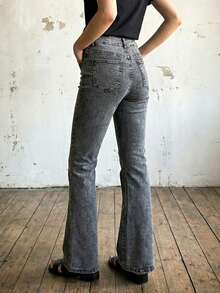 Women's Retro Bootcut Jeans - Double Button Tummy Control Stretch Denim Pants, Classic Flared Leg For Daily Wear - Dark Grey - View 2