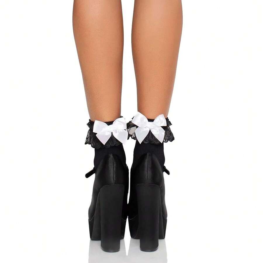 Leg Avenue Women's Ruffle And Satin Bow Anklet Socks - màu đen - Xem 1