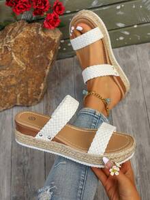 White Woven Double-Strap Thick-Soled Slide Sandals For Women, Summer Straw Platform Wedge Slippers - 白色 - 查看 4
