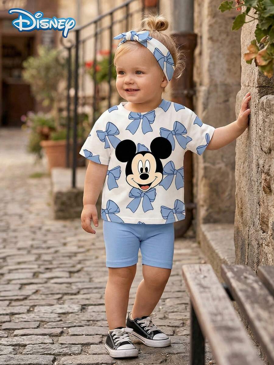 Disney 迪士尼夏季女婴两件套，可爱米奇印花短袖T恤和短裤套装，休闲女婴日常基础款服装，大蝴蝶结印花针织圆领T恤和纯色弹力腰裤，户外度假装 - 霧霾藍 - 查看 1