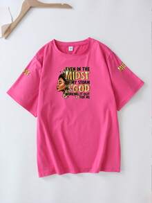 Áo thun ngắn tay nữ size lớn cổ tròn in chữ & mặt, phong cách casual đa năng mặc hàng ngày mùa hè - Màu Hồng Tươi - Xem 2