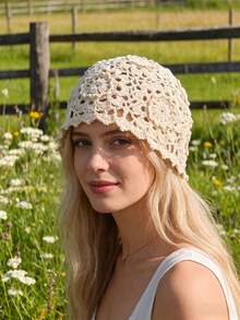 1 pieza Gorro tejido a mano de malla con forma de flor hueca, elegante, transpirable y ligero, para primavera/verano - A - Ver 2