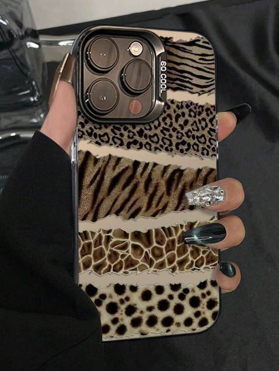 Funda de teléfono con estampado de leopardo de nicho, funda de teléfono con rompecabezas de estampado de leopardo compatible con iPhone 16 Pro Max, 15 Pro, 14 Pro, estilo europeo y americano - Negro - Ver 1