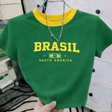 Cropped T-Shirt Brazil Print Top Blouse Round Neck Short Sleeve World Cup  Brazil  Fans - Green - View 1