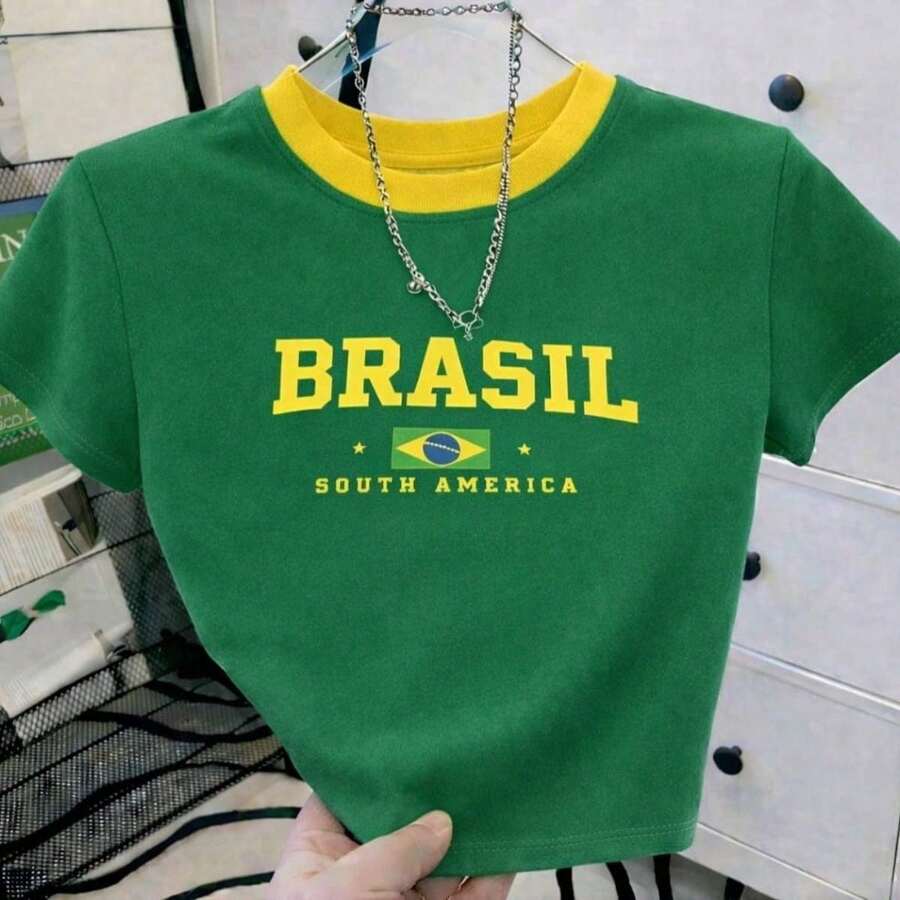 Cropped T-Shirt Brazil Print Top Blouse Round Neck Short Sleeve World Cup Brazil Fans - Green - View 1