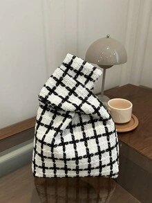 格子手腕包，粗花呢手提包，复古黑白格子迷你托特包，通勤迷你小巧手提包 - 黑與白 - 查看 7