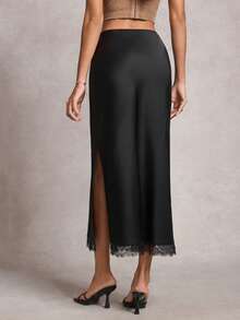 Women's Black High Waist Solid Satin Skirt With Lace Hem & Side Slit, Elegant Party Skirt Suitable For Dance & Daily Wear - Black - View 2