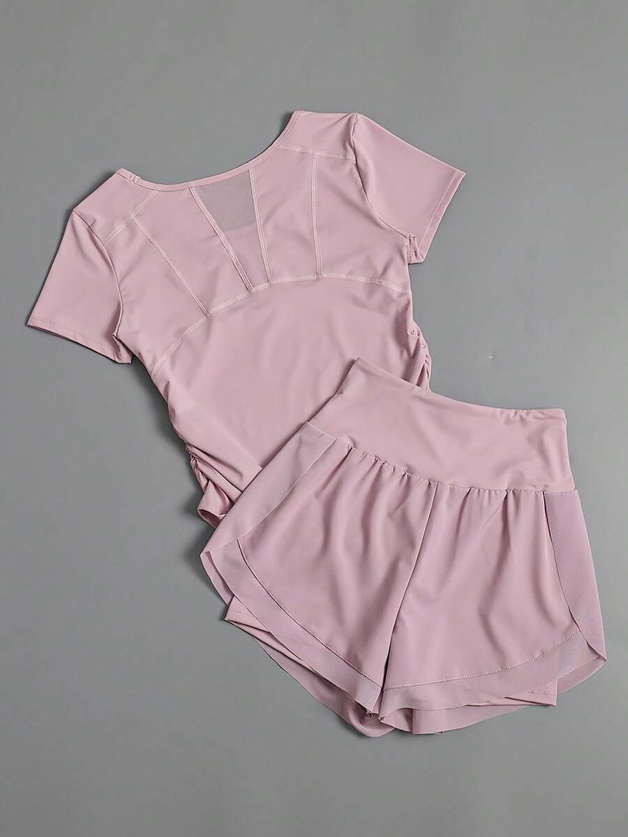 Fashionable 2-Piece Women's Yoga Sports Set, Casual Women's Yoga T-Shirt With Short Sleeves, Waist-Cinching, Ruched, Breathable Short Sleeves, High-Waisted, Butt-Lifting Yoga Sports Shorts, Anti-Exposure Design, With Pockets, Suitable For Running, Yoga, Tennis, Workouts, Cycling, Casual Outings, Evening Dates, And As A Gift For Independence Day, Labor Day, Halloween, & Fall/Winter - Hồng + Tím hồng - Xem 1