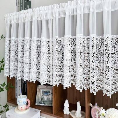 1 pieza Cortina de panel con bordado de encaje estilo país francés en color blanco - Poliéster, bolsillo para barra, tejido, lavable a máquina, planchar a baja temperatura, sin forro, apto para todas las estaciones, se adapta a ventanas de cocina, estanterías, áreas de café - Tema de granja, 100-120 g/m²