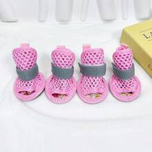 4pcs/Set Pet Open Toe Summer Outdoor Elastic Strap Wear-Resistant Anti-Slip Breathable Mesh Shoes, Suitable For Small Dogs Indoor & Outdoor - Pink - View 17