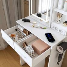 Small White Dressing Table With Mirror / Modern Dressing Table / Adjustable LED Lighting & Socket / Includes Upholstered Stool, Hidden Storage & Shelf / Easy To Assemble / Suitable For Bedrooms And Dressing Rooms, W60/H136/D36cm. - White - View 10
