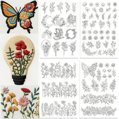 Water Soluble Embroidery Patterns Stabilizers Flowers Theme Embroidery Stick And Stitch Paper With Pre-Printed Flower Wreath Butterfly Patterns For Hand Sewing Lover Beginners