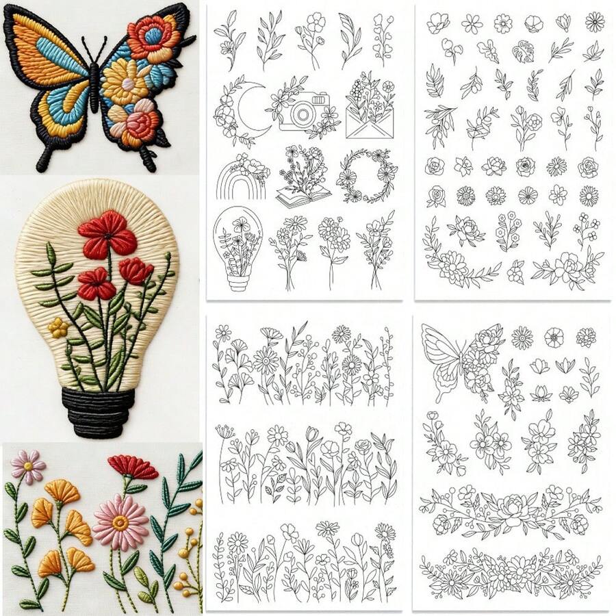 Water Soluble Embroidery Patterns Stabilizers Flowers Theme Embroidery Stick And Stitch Paper With Pre-Printed Flower Wreath Butterfly Patterns For Hand Sewing Lover Beginners - A248 - View 1