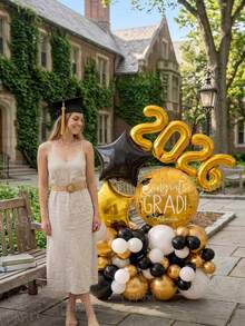 49件組 2026畢業派對裝飾氣球套裝，18英吋「Congratulations Graduation」圓形金色氣球，18英吋金/黑星形氣球，畢業主題派對拱門裝飾道具，10英吋金/黑/白乳膠氣球 - 查看 3