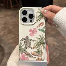Ocean 1pc TPU Material Island Style Sea Turtle, Palm Tree, Shell & Flower Pattern Phone Case Compatible With Apple 17 Pro Max/17/16 Pro Max/15/13/12/11, S20 FE/A15/S24/A55, Note 11/12/13 Pro, Full Coverage Anti-Drop Soft Protective Phone Cover - White - View 3